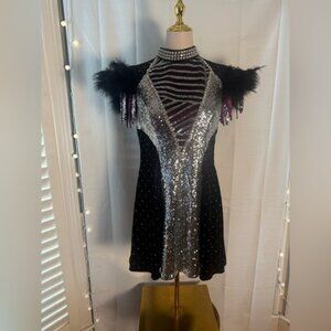 Competition Dance Costume Black Silver Sequin Jazz Showgirl Dress Adult Small
